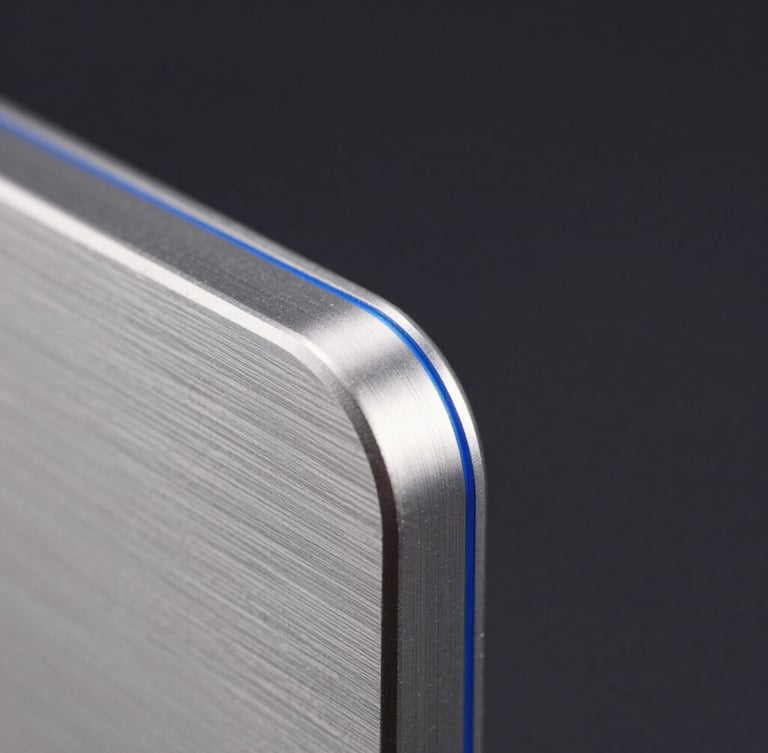 Extreme close-up macro shot of a sleek brushed titanium device edge, sharp silver highlights, deep obsidian background with subtle electric blue accent glow, clean composition.