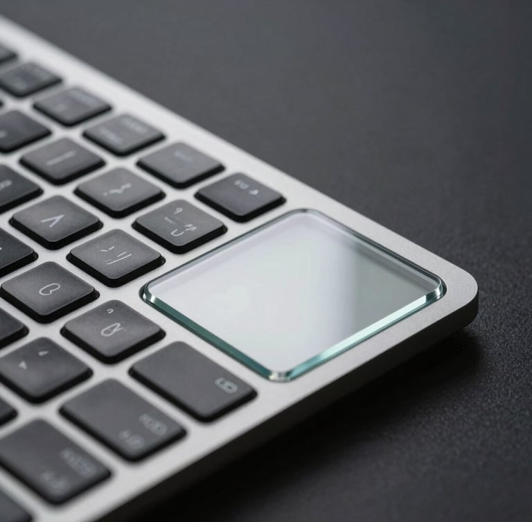 Macro shot of a high-end keyboard and glass trackpad, low-key dramatic lighting, sharp silver highlights, dark charcoal backdrop.