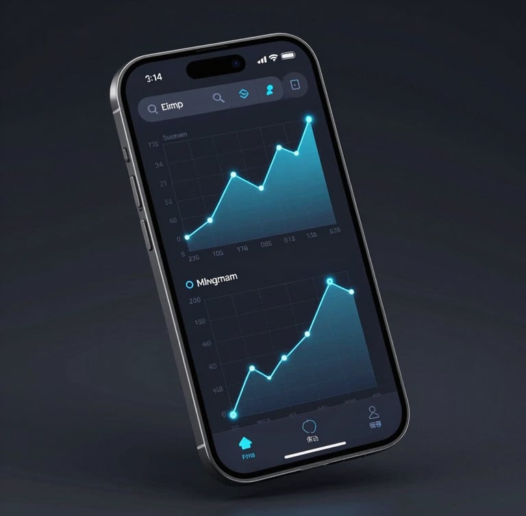 Isometric view of a high-fidelity mobile interface mockup displaying clean data visualization graphs, dark mode UI, glowing electric blue nodes, sharp studio lighting.