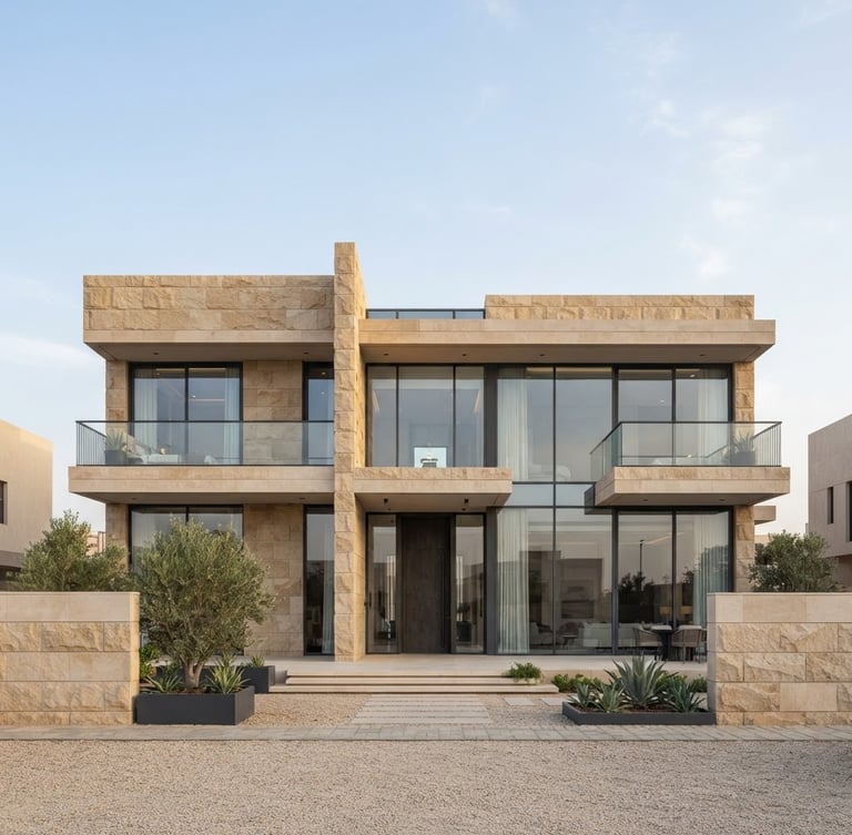 Straight-on architectural elevation of a modern luxury villa in Riyadh, warm limestone facade, large floor-to-ceiling glass windows, soft natural daylight, minimalist landscaping, editorial architectural photography, 35mm lens
