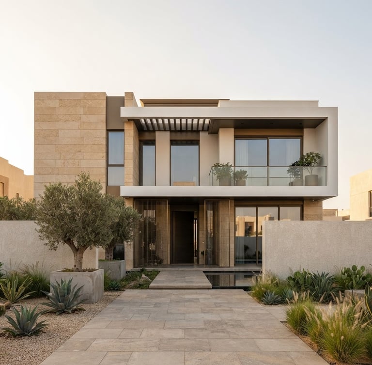 Straight-on architectural photography of a luxury modern villa facade in Riyadh, clean lines, natural daylight, warm sand-beige stone, minimalist landscape, editorial composition, 35mm lens