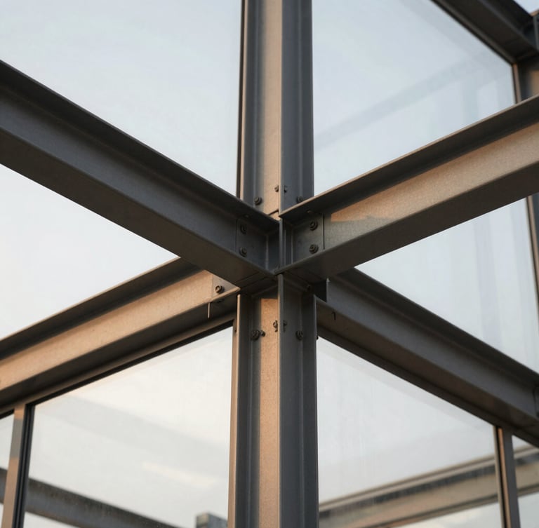 Architectural close-up of structural steel joints and premium double-glazed glass panels, soft natural daylight, sharp focus on the alignment of the metal frame