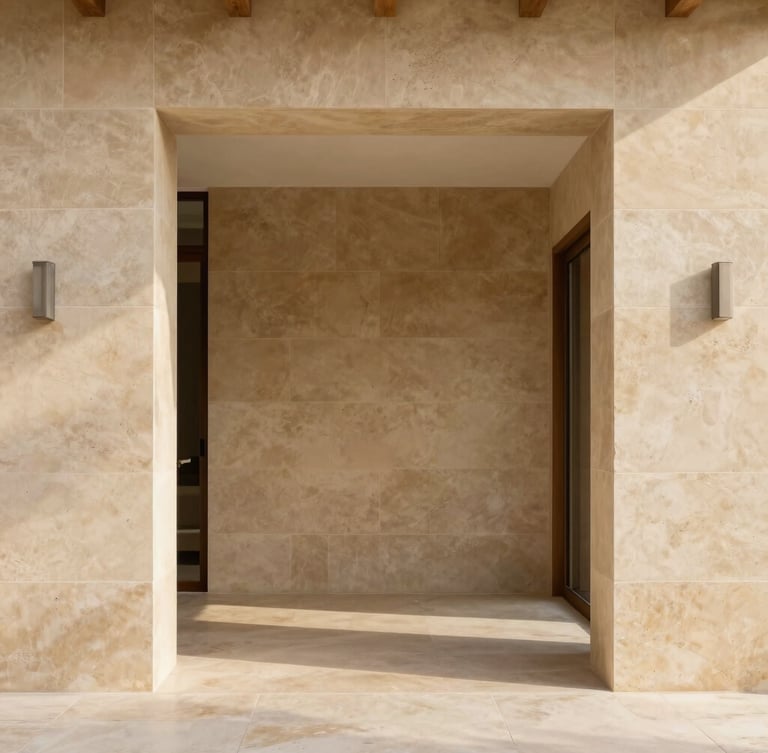Straight-on architectural elevation of a luxury villa interior, warm sand-beige limestone walls, natural daylight casting soft shadows, minimalist wooden joints, high-end Saudi craftsmanship, 35mm editorial photography.