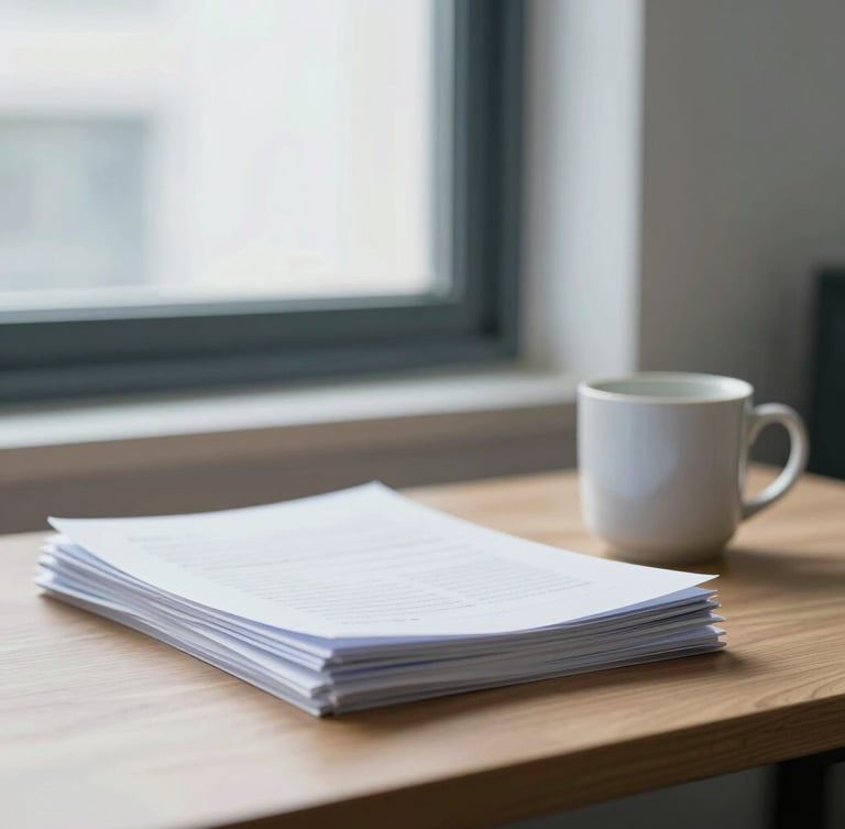 A bright, natural office setting with soft window light, showcasing a wooden desk with neatly stacked papers and a ceramic mug, shallow depth of field