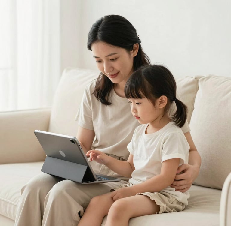 A mother and her young daughter sitting together on a warm cream couch, interacting with a playful educational app on a tablet, soft diffused window light, 35mm