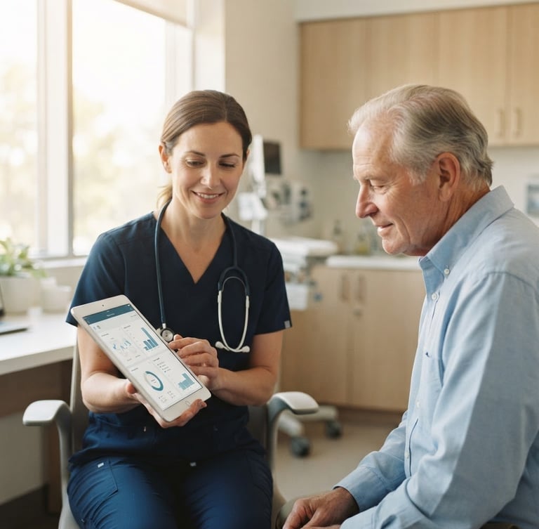 A clinician in a bright, modern clinic showing a clean medical application interface on a tablet to a patient, soft natural daylight, shallow depth of field, 35mm