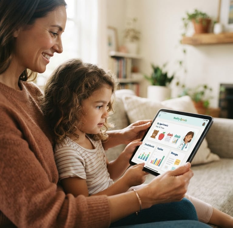 A clean tablet device showing a friendly pediatric health portal, held by a parent and child in soft natural daylight, warm editorial photography, shallow depth of field