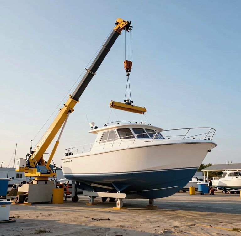 A haul-out crane lifting a modern cabin cruiser boat at a Virginia Beach boatyard, bright coastal daylight, professional marine environment, 35mm lens.