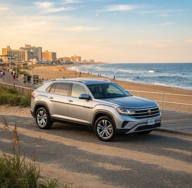 A modern family SUV parked near the Virginia Beach oceanfront during soft golden hour, bright coastal daylight, clean blue tones.
