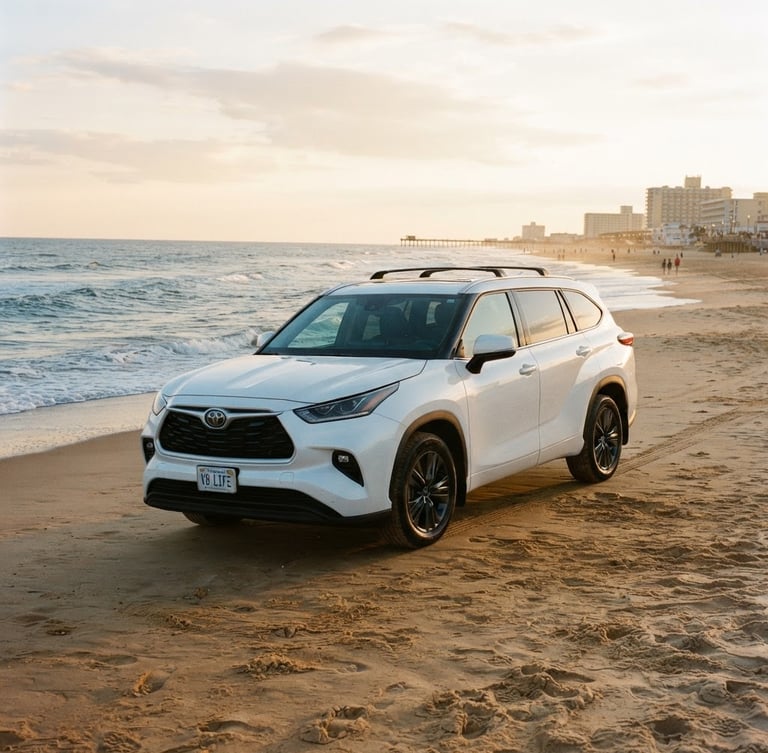 Bright coastal photography of a clean family SUV parked near the Virginia Beach oceanfront during golden hour, soft sand tones, 35mm lens.