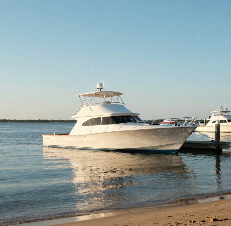 A sleek sport fishing boat docked at a Virginia Beach marina, bright coastal daylight, calm water reflecting warm sandy-gold light, 35mm lens.
