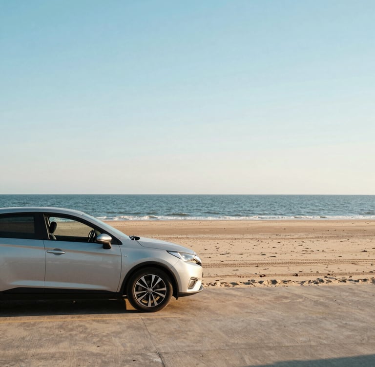 Bright coastal photography of a family car parked near a Virginia Beach coastal spot, soft golden-hour daylight, clean blue and warm sand tones, 35mm lens