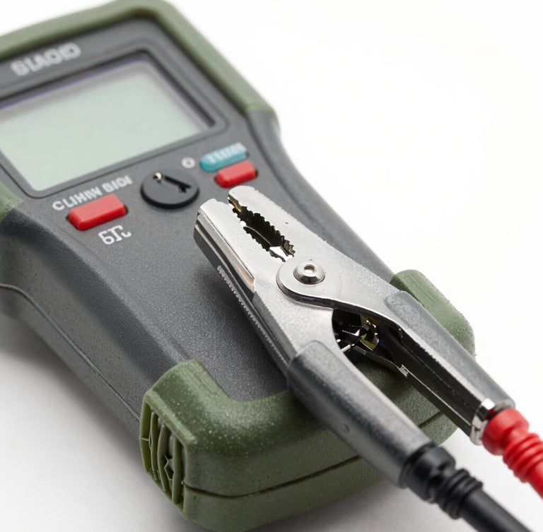 Crisp technical close-up of a ruggedized insulation tester terminal, heavy-duty alligator clips connected to a high-voltage busbar, cool industrial light.