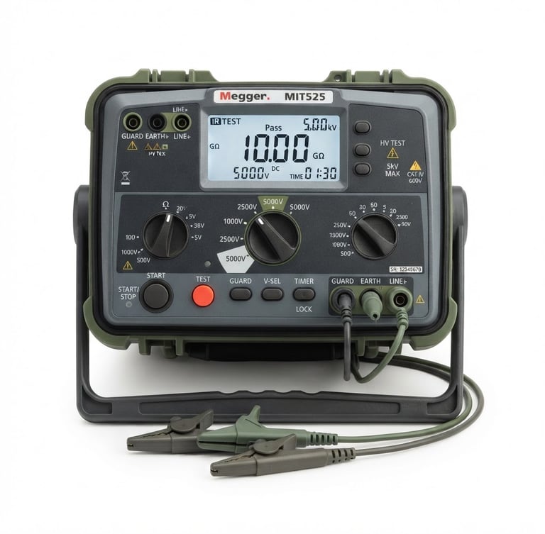 Crisp technical product photography of high-voltage insulation testers on a white studio background, sharp focus, technical dials, olive green accents.