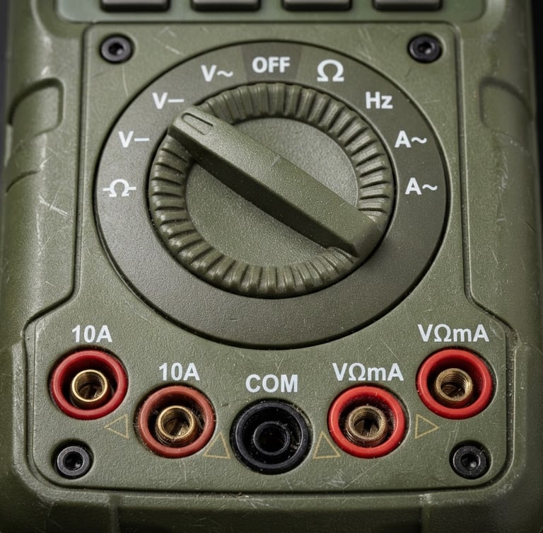 Macro technical close-up of a ruggedized digital multimeter terminal, olive green casing, heavy-duty rotary dial, crisp technical studio lighting, sharp focus, 50mm lens