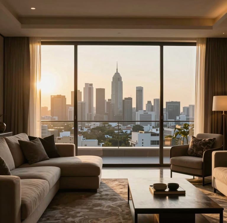 High-end interior photography of a sunlit living room looking out over the Mumbai skyline, warm golden-hour light pouring through floor-to-ceiling windows, 35mm lens.