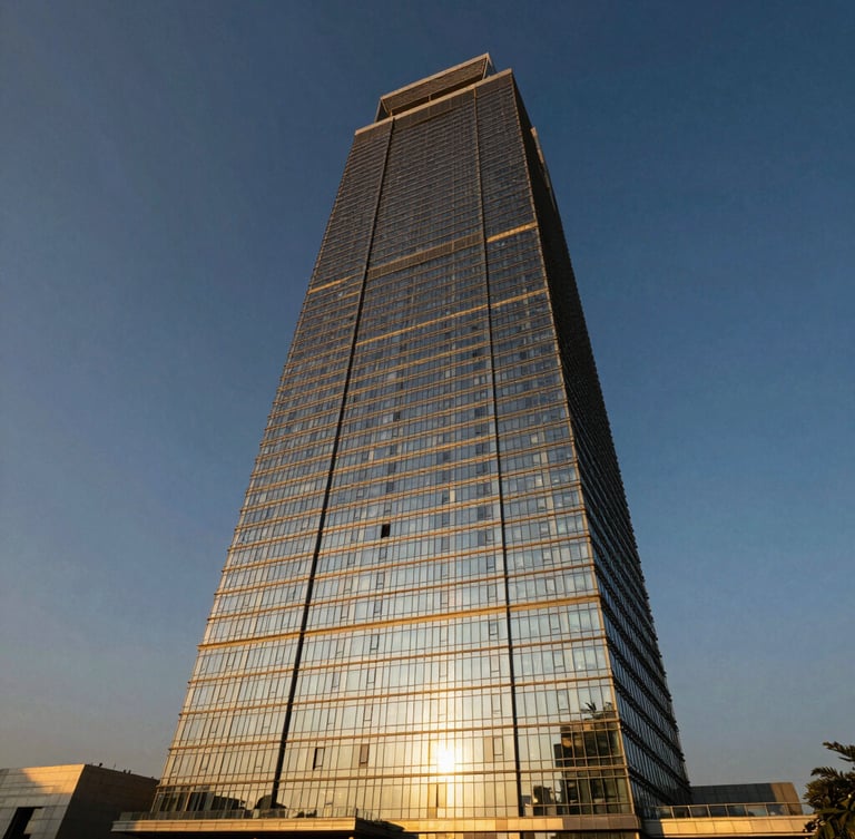 Wide-angle architectural shot of Marina Bay Towers in Mumbai, warm golden-hour sunlight reflecting off modern glass facade, deep navy sky, crisp 35mm lens.
