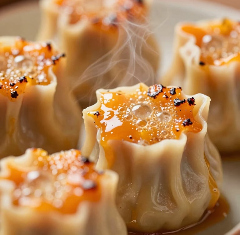 Close-up macro of freshly torched dimsum mentai with bubbling orange sauce and steam rising, warm side-lighting, appetizing texture