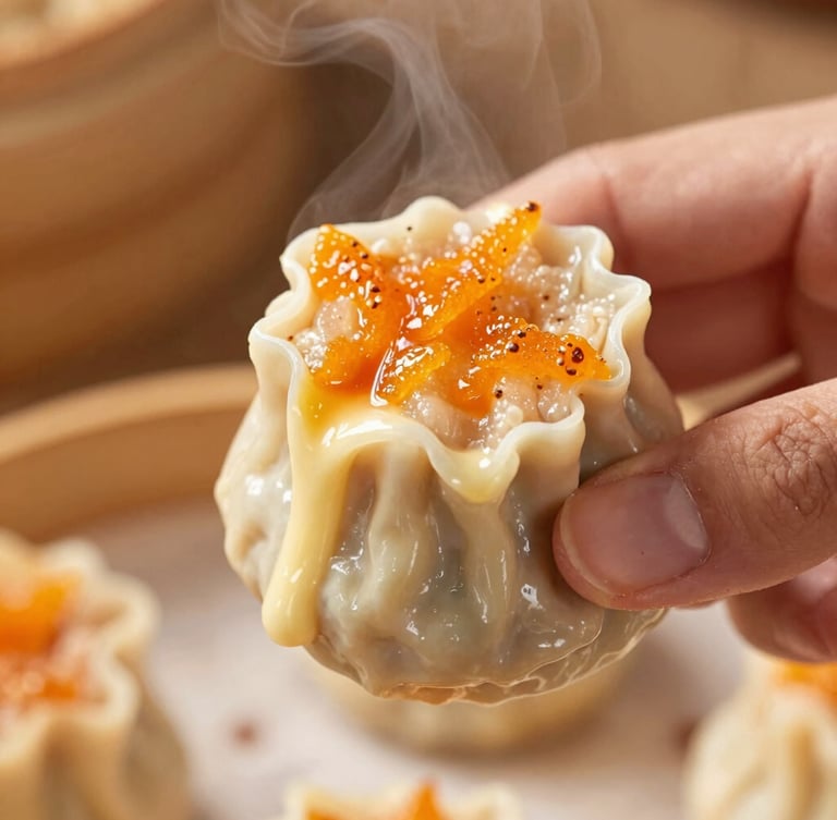 Close-up macro shot of a hand lifting a plump dimsum heavily coated with creamy, torched orange mentai sauce, stretching cheese, warm steam rising, shallow depth of field