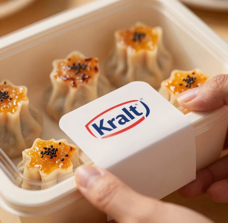A warm delivery scene, a close-up of a neatly packed Kraft paper box of dimsum mentai being handed over, soft afternoon light, focus on the packaging sticker