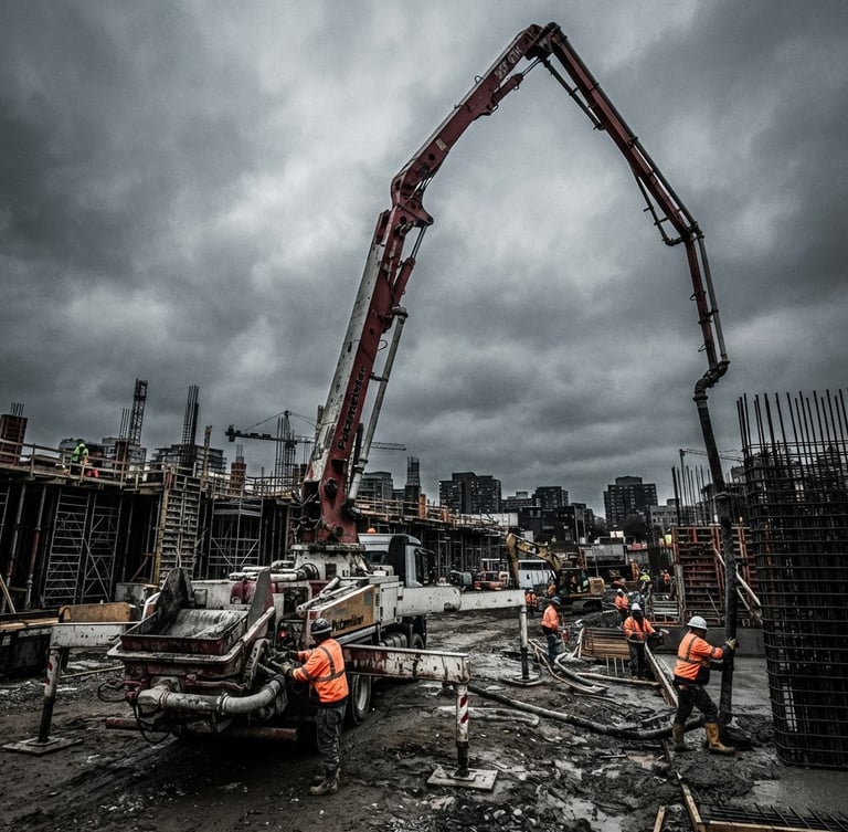 Low-angle heroic shot of a heavy-duty concrete pumping rig on an industrial site, workers in high-vis gear, overcast daylight, high-contrast charcoal tones.