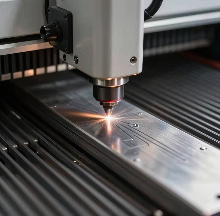 Close-up of an industrial laser engraving machine in action, high-contrast directional lighting catching the metallic sheen of raw steel, precise laser beam cutting a clean technical design, macro framing