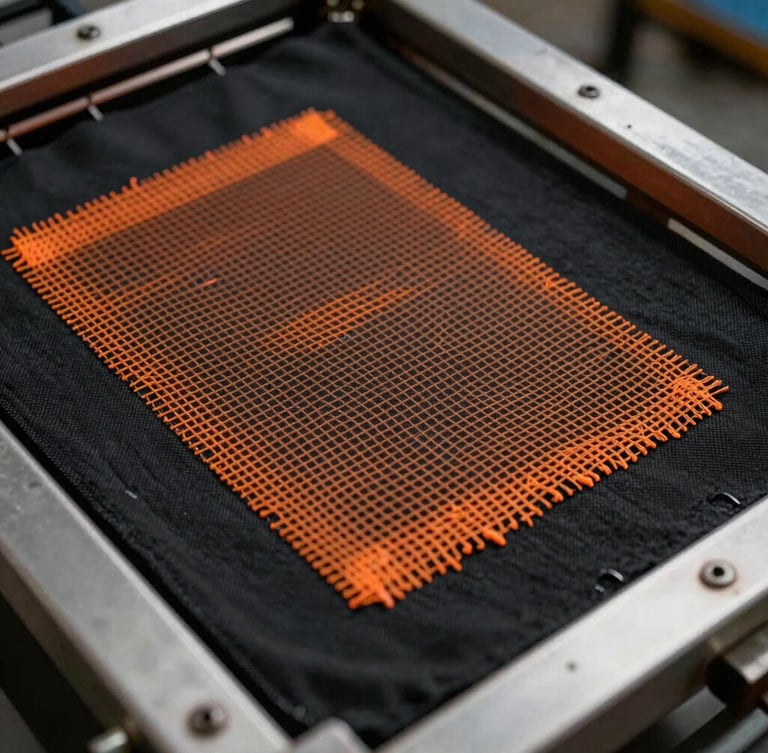 Macro shot of industrial screen printing mesh, orange ink passing through the weave onto black heavy cotton fabric, dramatic workshop lighting.