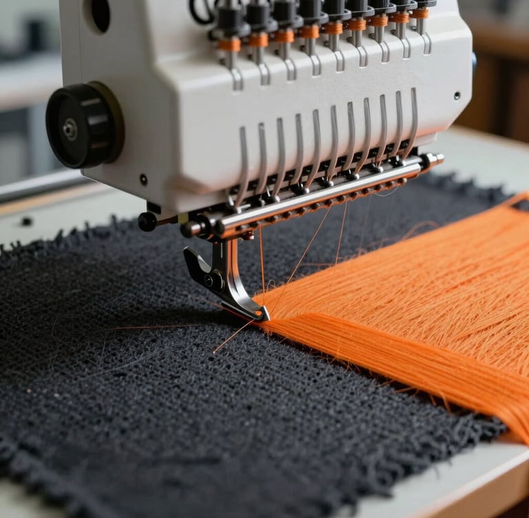 Extreme macro shot of an industrial embroidery machine needle threading vivid orange yarn into thick charcoal canvas, sharp focus, dramatic side workshop lighting.