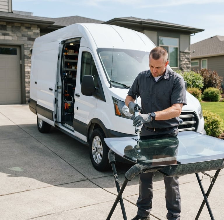 A clean, modern mobile service van parked in a bright residential driveway, a technician in a professional uniform carefully preparing a new windshield under clear daylight.