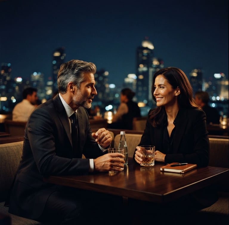 Cinematic medium shot of two executives in deep conversation at a low-lit rooftop lounge, warm amber lighting reflecting on crystal glassware, deep navy night sky in the background, shallow depth of field, premium editorial style.