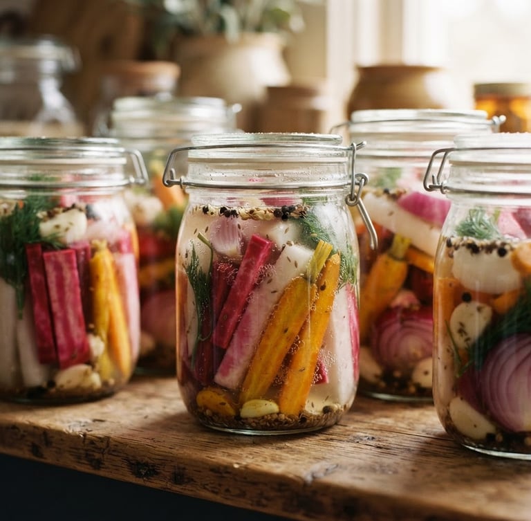 Macro shot of elegant glass jars filled with colorful lacto-fermented root vegetables, soft diffused daylight, warm wood background, shallow depth of field, 35mm
