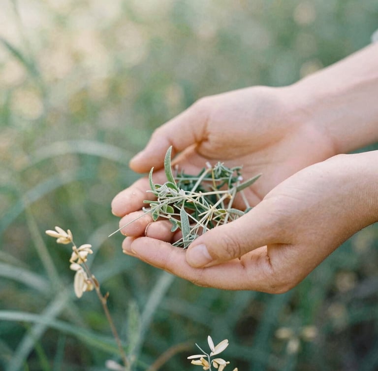 Close-up of Leen's hands gently gathering wild green herbs in a sunny forest clearing, soft diffused daylight, organic sage and oatmeal tones, 35mm photography