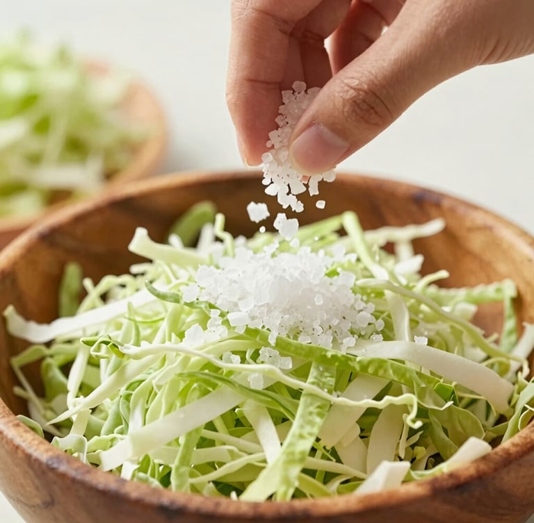 Close-up of hands pouring sea salt over shredded green cabbage in a rustic wooden bowl, soft natural light, sage green tones