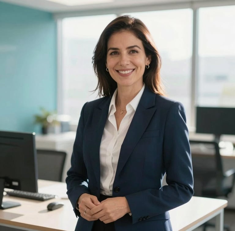Warm editorial portrait of a professional financial advisor in a sunlit Zapopan office, smiling, looking slightly off-camera, professional and approachable, shallow depth of field