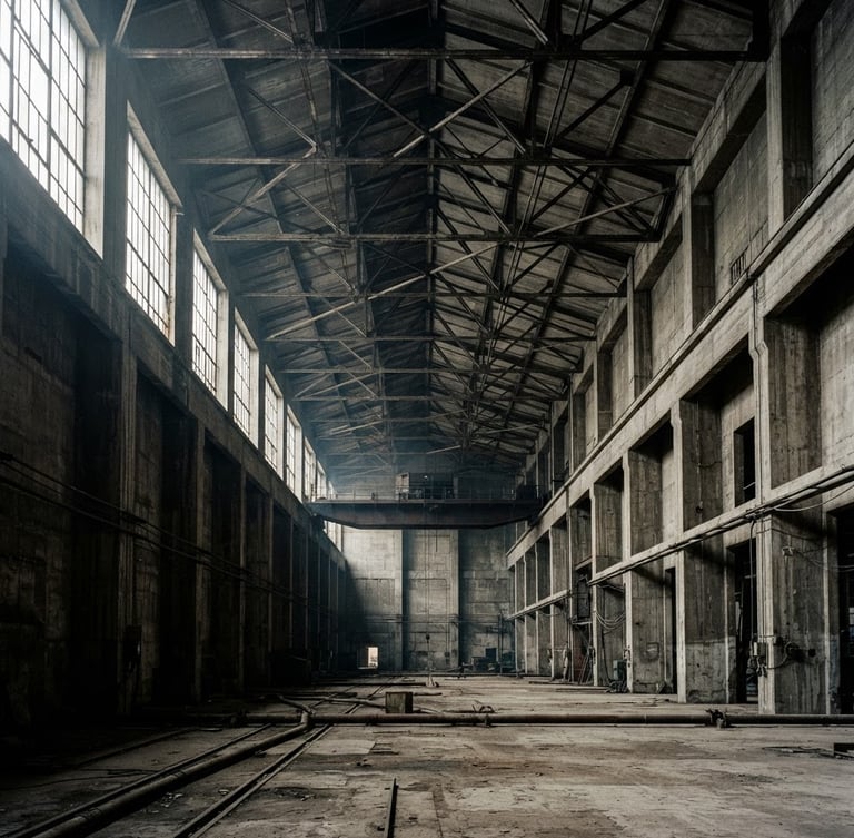 Wide shot of a soaring concrete industrial interior, exposed steel trusses, dramatic natural light from high windows, 35mm film grain, high contrast, desaturated tones