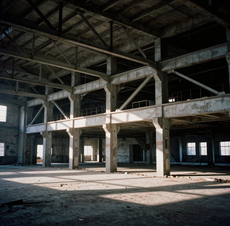 Wide shot of exposed steel trusses and raw concrete textures inside an abandoned factory, dramatic natural light casting long shadows, 35mm film grain.