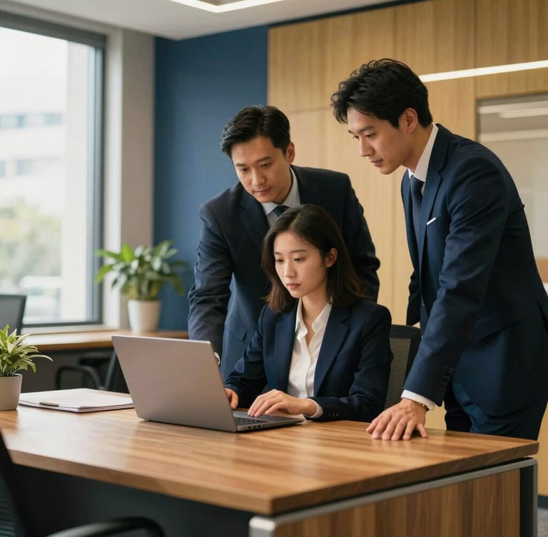 Warm corporate office interior with professional staff assisting a client at a wooden desk, natural daylight, deep navy accents