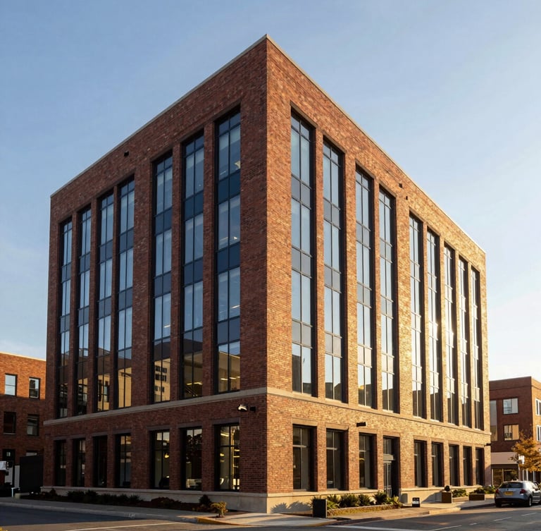 Architectural shot of a premium brick and glass corporate headquarters under warm natural daylight, clean and stable physical presence, professional editorial style.