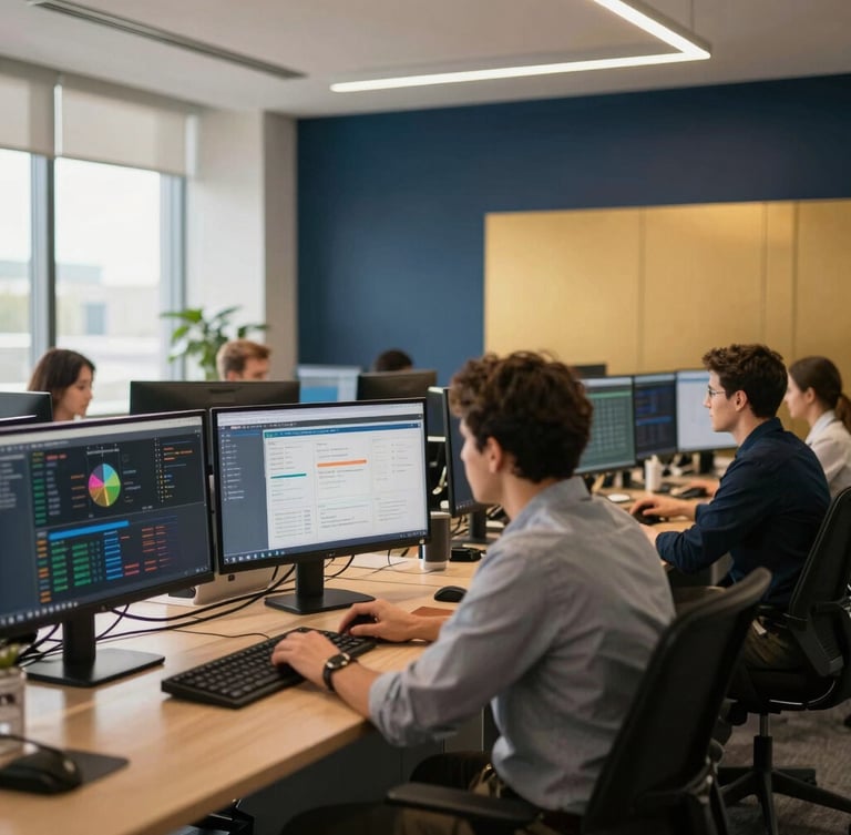 A modern regional corporate office interior with warm natural daylight, professional staff analyzing data on screens, deep navy and gold tones, sharp focus, professional editorial style.
