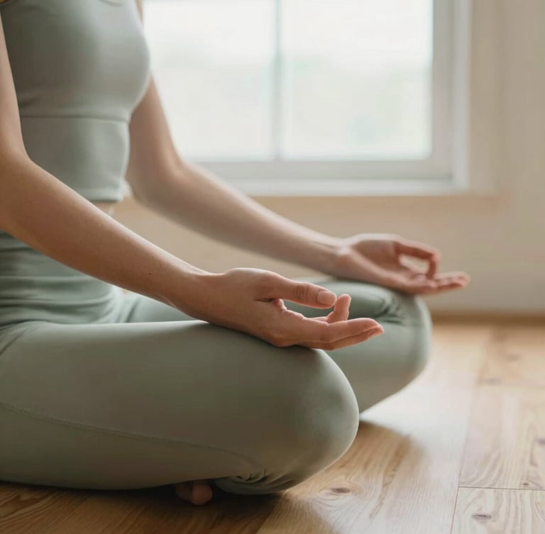Close-up of hands resting on knees in a seated meditation pose, soft natural window light, warm wood floor, serene atmosphere