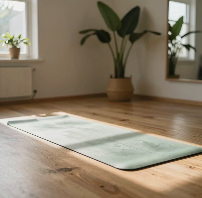 Sunlit yoga studio interior with warm wood floors, soft green plants, and natural window light casting gentle shadows, warm editorial photography, 35mm