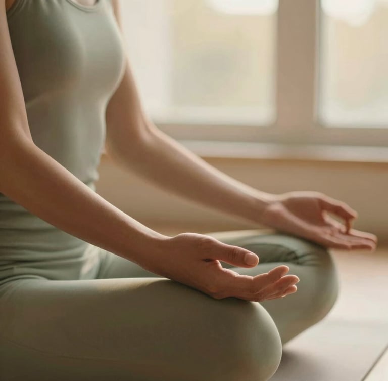 Close-up of hands resting gently on knees in a seated meditation pose, soft golden-hour window light, warm clay and sage tones, shallow depth of field