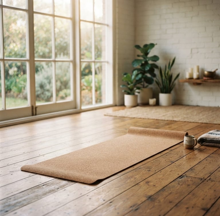 Warm editorial photography of a sunlit yoga studio with natural wood floors and soft window light, a single cork mat unrolled, 35mm