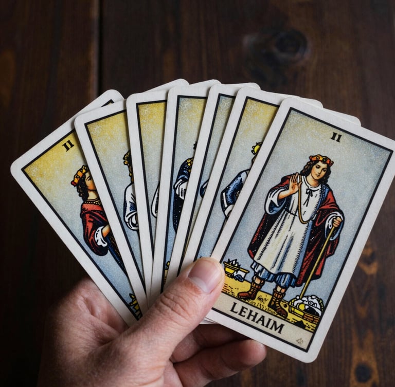 Close-up of Lehaim tarot cards held in hand, dramatic low-key natural light, dark wood background, 35mm photography