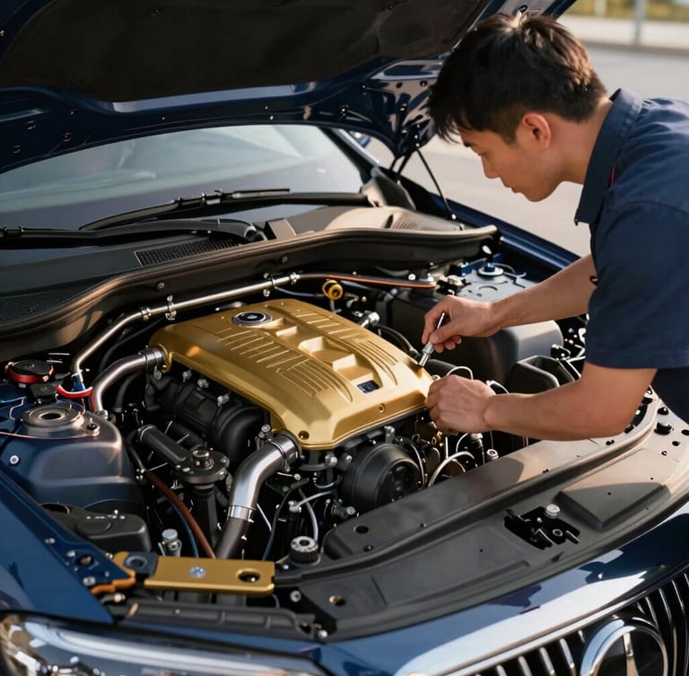 Professional mechanic inspecting a high-end luxury sedan engine bay under clean garage lighting, focus on precision tools, premium automotive photography