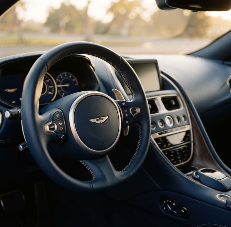 Close-up of a luxury car steering wheel and clean leather dashboard, golden hour lighting, premium automotive photography, deep navy and gold tones, sharp focus, 35mm