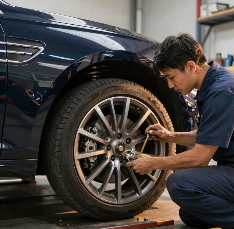 Professional mechanic inspecting a clean luxury sedan under bright workshop lighting, focusing on the wheel and brake calipers, sharp details, premium automotive photography