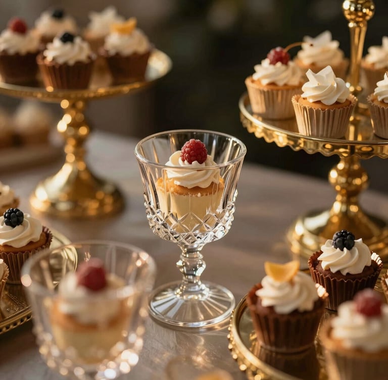Close-up of a beautifully styled artisanal dessert bar, warm golden-hour lighting highlighting crystal glassware and metallic gold accents, elegant presentation, shallow depth of field, 35mm