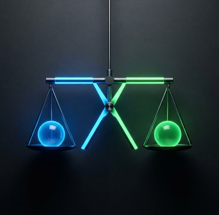 Minimalist conceptual photography of a balanced scale split in half, one side glowing electric blue, the other neon green, sharp studio lighting, dark graphite background