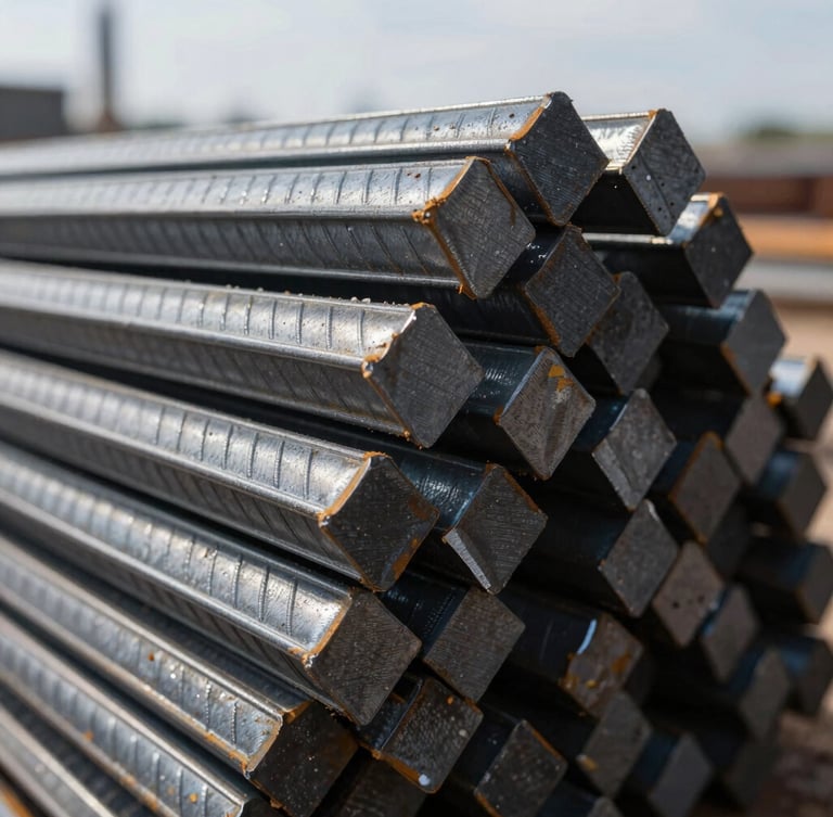 Extreme macro close-up of cross-ribbed TMT steel bars stacked at a heavy construction site, dramatic shadows, industrial daylight, 35mm.